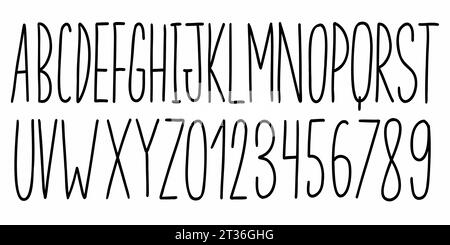 Scribble schmale schwarze englische Buchstaben A bis Z lateinische abc-Schriftart und Ziffern 0 bis 9 gesetzt. Vektor-Illustration in Doodle Hand geschrieben Stil isoliert auf weiß Stock Vektor