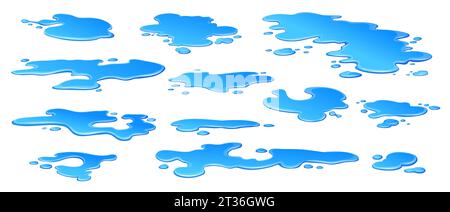 Zeichentrickfilm-Regenwasser-Pfützen, flüssiges Wasser spritzt und leckt, isolierte Vektorsymbole. Blaue Wassertropfen, Pfützen oder Farbfarbe tropft nass auf der Bodenoberfläche mit Leckspritzern und Spritzern Stock Vektor