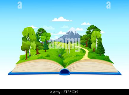 Cartoon eröffnete Buch mit grünem Wald, Wiese und Bergen, Vektor-Naturlandschaft. Bergfelsen und Straßenpfad im Sommerwaldtal auf Buchseiten für Märchengeschichte oder Spielhintergründe Stock Vektor