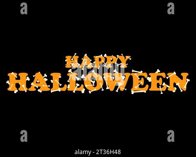 Frohes Halloween. Orangefarbener Text mit Knochen auf schwarzem Hintergrund. Frohe Halloween am 31. Oktober, Trick or Treat. Festliches Design für Banner, Poster und P Stock Vektor