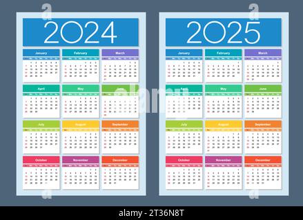 Farbenfroher Kalender für 2024, 2025 Jahre. Die Woche beginnt am Sonntag. Designvorlage für vertikalen Kalender. Basisraster. Isolierte Vektordarstellung. Stock Vektor