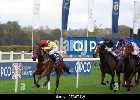 Ascot, Berkshire, Großbritannien. Oktober 2023. Horse Poptronic, geritten von Jockey Sam James, führt am QIPCO British Champions Day die erste Meile der QIPCO British Champions Fillies & Mares Stakes auf der Ascot Racecourse. Besitzer David & Yvonne Blunt. Trainer K R Burke, Leyburn. Züchter Daniel & Yvonne Blunt. Sponsor KB Spigot Ltd Kredit: Maureen McLean/Alamy Stockfoto