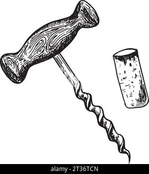 Handgezeichnete Skizze eines Korkenziehers und Weinkorken. Gravurstil. Illustration mit Kritzeleien. Für Design, Verpackung, Webbanner. Stock Vektor