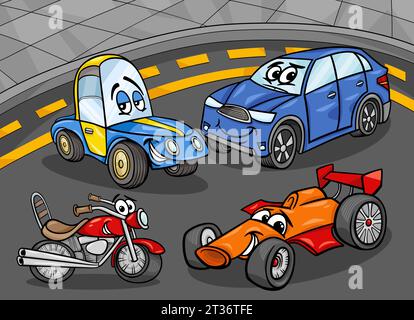 Cartoon-Illustration von Autos und Fahrzeugen Comic-Charakteren auf der Straße Stock Vektor