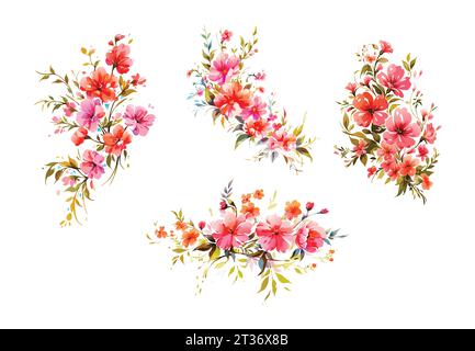 Aquarell-Wildblumen Set, isoliert. Abstrakte Frühling wilde Blumen, Gras, Blattzweig, Blumenblätter Vektor Stock Vektor