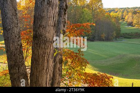 Malerischer Blick auf den Sonnenuntergang im Herbst auf den Golfplatz hinter der Terrasse des Brasstown Valley Resort & Spa im wunderschönen Young Harris, Georgia. (USA) Stockfoto