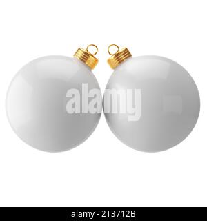 Zwei weiße weihnachtskugeln isoliert auf weißem Hintergrund. 3D-Rendering Stockfoto