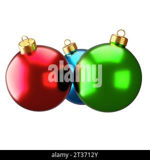 Drei bunte weihnachtskugeln isoliert auf weißem Hintergrund. 3D-Rendering Stockfoto
