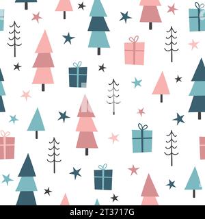 Nahtloses Wintermuster. Weihnachtshintergrund mit Bäumen, Geschenkbox und Sternen. Vektorabbildung Stock Vektor