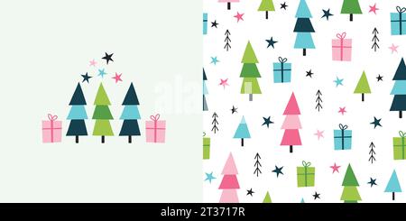 Winterkarte und nahtloses Muster. Weihnachtlicher Hintergrund mit Bäumen, Geschenken und Sternen. Vektorillustrationssatz. Stock Vektor