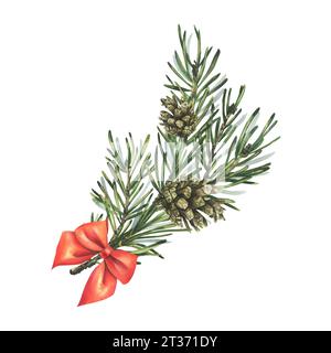 Tannenzweige mit Kegeln und rotem Band, Satinschleife. Handgezeichnete Aquarellillustration. Isolierte Komposition auf weißem Hintergrund für Neujahr Stockfoto