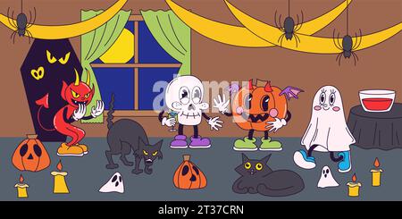 Retro-Halloween-Party, trendiger Retro-Stil der 70er Jahre. Kürbis, Geist, Schädel. Vintage-Halloween-Maskottchen im Comic-Stil. Konturvektor-Illustration Stock Vektor