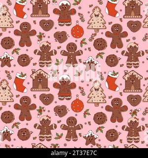 Trendiges nahtloses Muster. Weihnachten groovige Retro-Zeichentrickfiguren Lebkuchenkekse, Mann, Baum, Ball, Weihnachtsstrumpf, Boot auf rosafarbenem Hintergrund. Vecto Stock Vektor