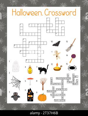 Halloween saisonale Kreuzworträtsel Aktivitäten, Wortsuche Puzzle, Herbst Herbst Herbst Feiertage Vektor Illustration druckbares Arbeitsblatt für Kinder, Bildung oder lei Stock Vektor