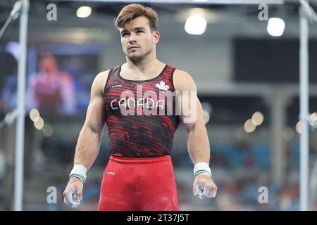 Santiago, Chile. Oktober 2023. William Emard aus Kanada tritt am 23. Oktober im National Stadion Sports Park in Santiago an der künstlerischen Gymnastik der Santiago 2023 Pan American Games an. Foto: Heuler Andrey/DiaEsportivo/Alamy Live News Credit: DiaEsportivo/Alamy Live News Stockfoto