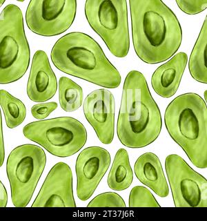 Nahtloses Aquarellmuster mit Avocado. Muster mit grüner reifer Avocado, Avocadoscheiben, grüner saftiger reifer tropischer Frucht. Muster mit Avocado für f Stockfoto