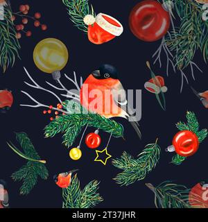 Bullfink Aquarellmuster mit Tannenzweigen weihnachtskugeln weihnachtsmütze und roten Beeren. Handgezeichnete Abbildung isoliert auf Schwarz Stockfoto