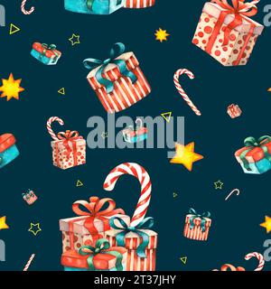 Niedliches nahtloses Muster mit weihnachtsgeschenkboxen, Süßigkeiten und Sternen Winterfeiertag Silvester Illustration mit Zeichentrickcharakter. Malen für Stockfoto