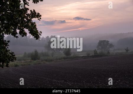 nebliger Sonnenuntergang, gepflügtes Feld, Sonnenuntergang über dem gepflügten Feld, romantische traumhafte Landschaft Stockfoto