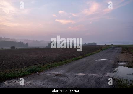 Nebelige Landschaft bei Sonnenuntergang, rote Wolken über gepflügtem Feld Stockfoto