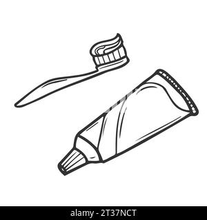 Zahnreinigungsset. Instrumente für die Mundhygiene. Handgezeichnete Illustration in Vektoren konvertiert. Zahnbürste und Zahnpasta Vektorskizze Illustration Stock Vektor