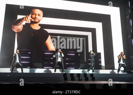 Nottingham, UK 23rd Oct 2023, Aston Merrygold, Oritsé Williams, Marvin Humes und JB Gill von der Boy Band JLS treten in nottingham in der Motorpoint Arena in Nottingham als Teil der Bands All the Hits Tour auf Credit: Paul Smith / Alamy Live News Stockfoto