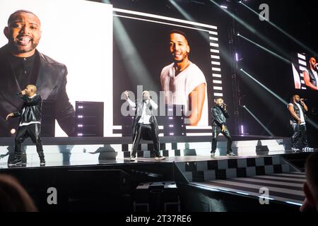 Nottingham, UK 23. Oktober 2023, Aston Merrygold, Oritsé Williams, Marvin Humes und JB Gill von der Boy Band JLS treten in nottingham in der Motorpoint Arena in Nottingham als Teil der Bands All the Hits Tour auf Credit: Paul Smith / Alamy Live News Stockfoto