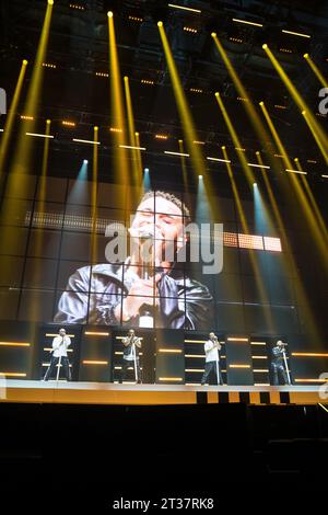 Nottingham, UK 23. Oktober 2023, Aston Merrygold, Oritsé Williams, Marvin Humes und JB Gill von der Boy Band JLS treten in nottingham in der Motorpoint Arena in Nottingham als Teil der Bands All the Hits Tour auf Credit: Paul Smith / Alamy Live News Stockfoto