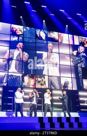 Nottingham, UK 23. Oktober 2023, Aston Merrygold, Oritsé Williams, Marvin Humes und JB Gill von der Boy Band JLS treten in nottingham in der Motorpoint Arena in Nottingham als Teil der Bands All the Hits Tour auf Credit: Paul Smith / Alamy Live News Stockfoto