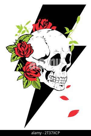 T-Shirt-Design eines Schädels mit Rosen und das Symbol des Blitzes isoliert auf weiß Stock Vektor