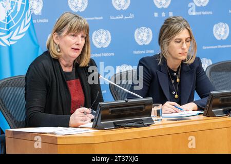 New York, New York, USA. Oktober 2023. Pressekonferenz von Fionnuala D. Ni Aolain, Sonderberichterstatter für die Förderung und den Schutz der Menschenrechte und Grundfreiheiten bei der Terrorismusbekämpfung am Hauptsitz der Vereinten Nationen. Der Bericht betonte die Bedeutung der Wahrung der Menschenrechte für alle, einschließlich der Inhaftierten, und stützte sich hauptsächlich auf Besuche in Gefängnissen im Nordosten Syriens. Sie wurde von der Senior Beraterin Adriana Edmeades Jones begleitet. (Kreditbild: © Lev Radin/Pacific Press via ZUMA Press Wire) NUR REDAKTIONELLE VERWENDUNG! Nicht für kommerzielle ZWECKE! Stockfoto