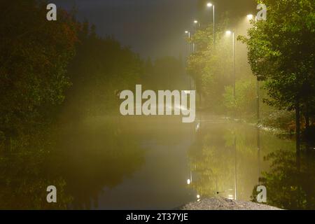 Misty Morning auf der Barnsdale Road in Allerton Bywater, nachdem die Straße während des Sturms Babet untergetaucht war Stockfoto