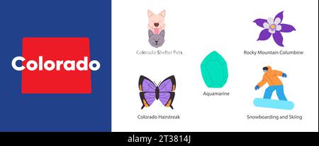 Colorado staaten Karte united America Country Symbol Vektor Zeichnung Illustration von Shelter Snowboard Skifahren Haarstreifen und Aquamarin Stock Vektor