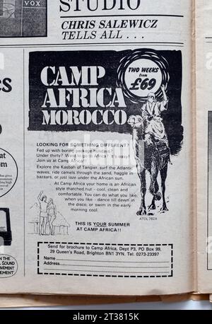 Werbung für Camp Africa Marokko in NME Music Paper der 1970er Jahre Stockfoto