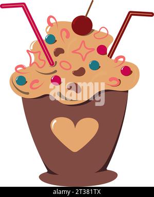 Dessert in einer Tasse mit Cocktailstroh und Dekoration in trendigen warmen Schokoladentönen. Happy Cake Day. Isolieren. EPS. Vektor für Poster, Broschüren, Plakate, Gruß- oder Einladungskarten, Etiketten oder Web Stock Vektor