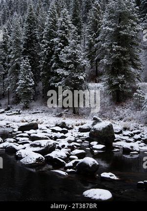 North Fork des Payette River nach dem ersten Schneefall der Saison, nördlich von Banks, Idaho, USA Stockfoto