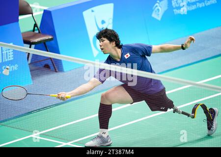 Hangzhou, China. Oktober 2023. Daisuke Fujihara (JPN) Badminton : SL3-Vorspiel der Männer beim Binjiang Gymnasium während der Hangzhou 2022 Asian Para Games in Hangzhou, China. Quelle: SportsPressJP/AFLO/Alamy Live News Stockfoto