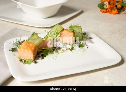 Gegrillter Lachssalat mit abgewinkelter Aussicht Stockfoto