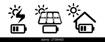 Solar cell panel in house charging battery electricity from sun icon set Stock Vektor
