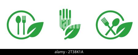 Löffel Gabel ECO Blätter natürliche Bio Lebensmittel Symbol Restaurant Kochen Emblem frisch gesund Stock Vektor