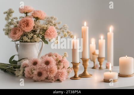 Spa-Konzept der weißen brennenden Kerzen mit weißen Gerberblüten. Brennende Kerzen und weiße Rosen auf einem Holztisch. Hochwertige Fotos Stockfoto