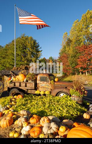 Herbstausstellung am Eingang der Georgia Mountain Fairgrounds, des Campingplatzes und der Hamilton Rhododendron Gardens in Hiawassee, Georgia. (USA) Stockfoto