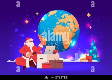 weihnachtsmann in rotem Kostüm sitzt in der Nähe der Weltkarte und Geschenkboxen mit Laptop Happy New Year frohe weihnachtsfeier Stock Vektor