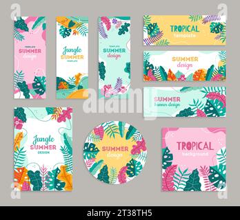 Vorlage für tropische Banner. Natur inspirierter Rahmen mit tropischen Pflanzen Blätter, Untersetzer und Poster Hintergrund Design Vektor Set Stock Vektor