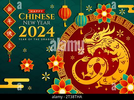 Glückliches Chinesisches Neujahr 2024 Vektor-Illustration. Übersetzung : Jahr des Drachen. Mit Blumen-, Laternen-, Drachen- und China-Elementen im Hintergrund Stock Vektor