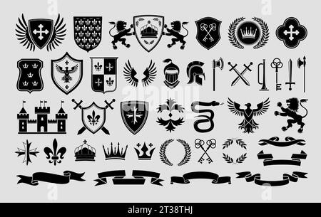 Schablone für heraldische Embleme. Traditionelle Schlangen-, Löwen- und Adlersymbole. Mittelalterliche Waffen, Schilde und königliche Burg Labels Vektorset Stock Vektor