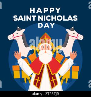 Flache Illustration zum Tag des Happy saint nikolaus mit Geschenkboxen und Pferden Stock Vektor