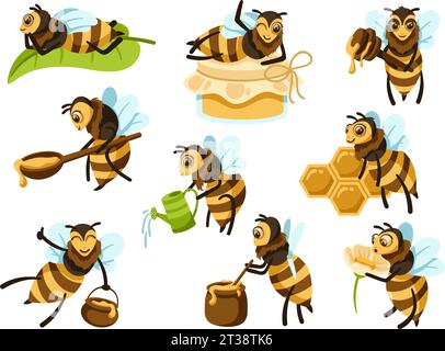 Cartoon Honigbiene Maskottchen. Niedlicher Bienencharakter mit organischem Honigtopf, Flasche und Blume Vektor Illustration Set Stock Vektor