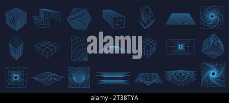 Drahtmodellrasterelemente. 3D-Netzstrukturen, geometrische Cyber-Ebenen und Würfelformen mit technischer Ästhetik der 80er Jahre. Vektorset mit bearbeitbaren Konturpfaden Stock Vektor