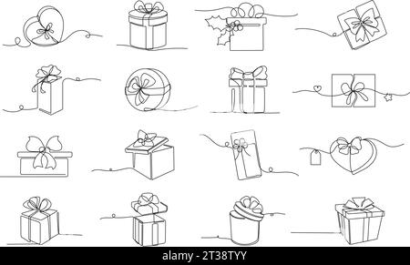 Durchgehende Geschenkboxen mit einer Zeile. Gewickeltes Geschenk, Pappschachtel mit Schleife für Weihnachtsgeschenke Einzelstrich Vektor Illustration Set Stock Vektor
